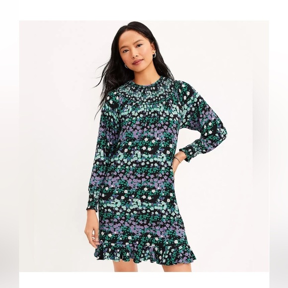 LOFT Dresses & Skirts - NEW Purple Green LOFT Ultra Soft Floral Smocked Flounce Tie Waist Dress XL